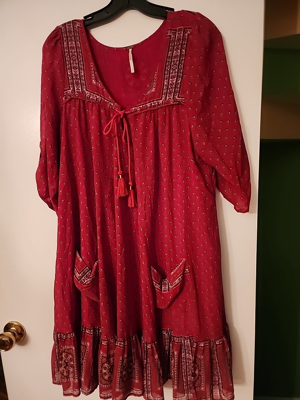 Free People Penny Lane Deep Red Printed  Boho Festival Embroidered Peasant Dress